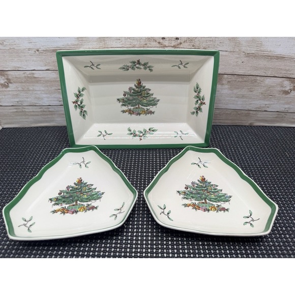 Spode Other - 3 Pc Vintage Spode Christmas Tree Serving Set Made in England 80s-90s Rectangle